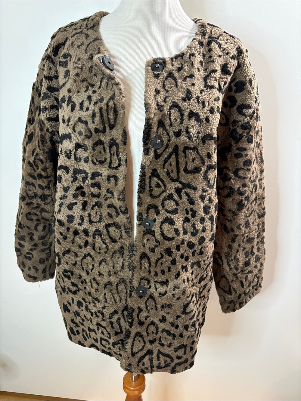 Rebecca Minkoff Brown & Black Leopard Teddy Jacket Leather Trim Snap Closure M/L - Picture 5 of 10